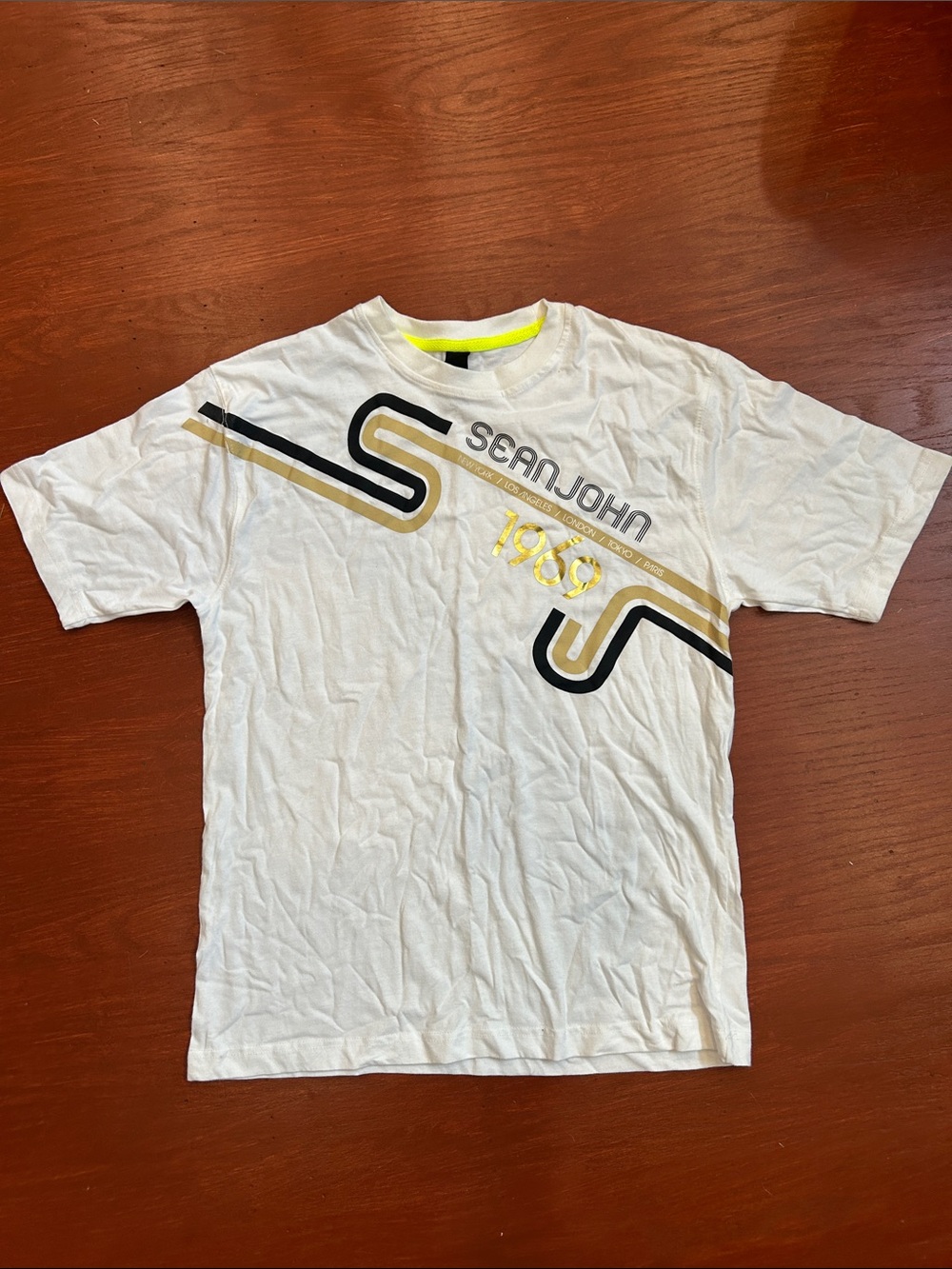 Sean John White Tee with Gold & Black Graphic Stripes